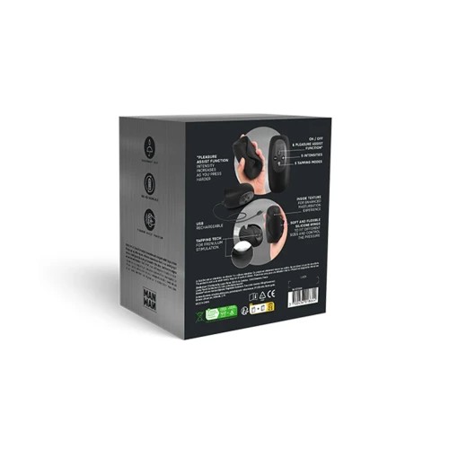 На фото зображено чорний мастурбатор з осциляцією Manwan SUB.ONE для чоловіків на білому тлі.