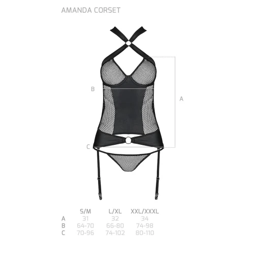 Passion Amanda Corset black L/XL - Сетчатый комплект корсет
