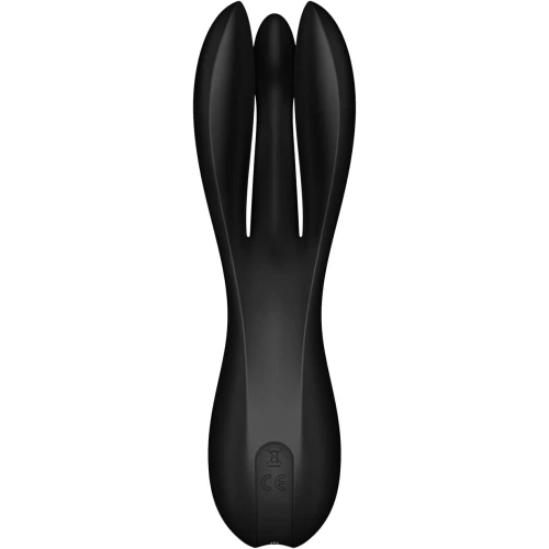 На фото зображено чорний кліторальний стимулятор із відростками Satisfyer Threesome 2 Black для жінок на білому тлі.