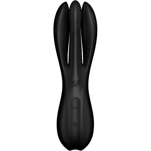 На фото зображено чорний кліторальний стимулятор із відростками Satisfyer Threesome 2 Black для жінок на білому тлі.