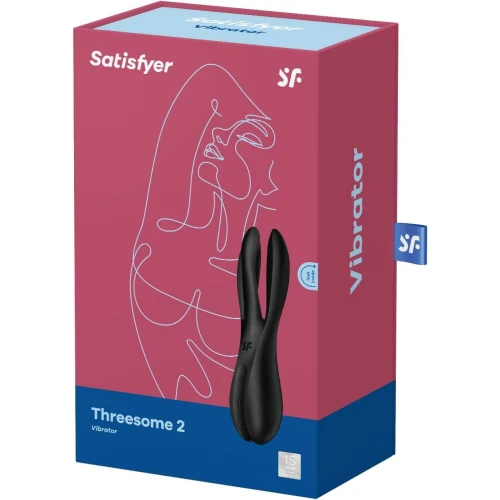 На фото зображено чорний кліторальний стимулятор із відростками Satisfyer Threesome 2 Black для жінок на білому тлі.