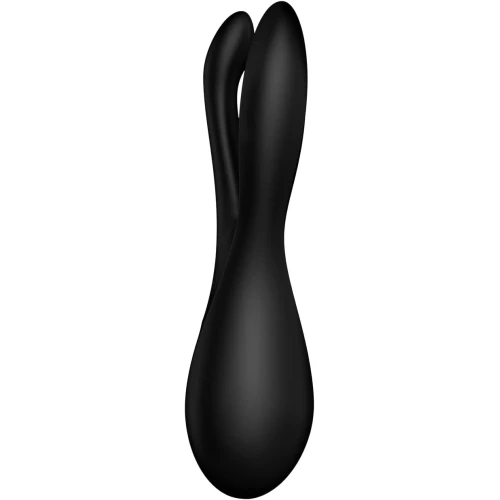 На фото зображено чорний кліторальний стимулятор із відростками Satisfyer Threesome 2 Black для жінок на білому тлі.