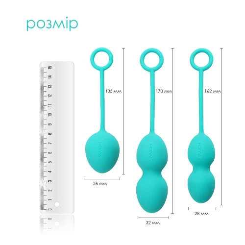 На фото изображены бирюзовые вагинальные шарики из набора Svakom Nova Green  для женщин на белом фоне.