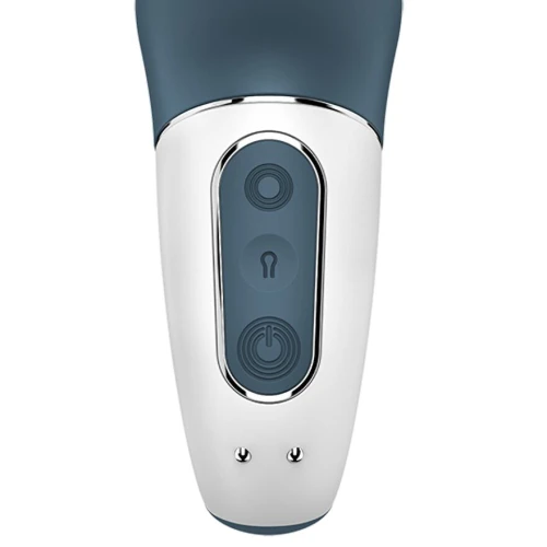 На фото зображено синій надувний анальний вібратор Satisfyer Air Pump Booty 2 унісекс на білому тлі