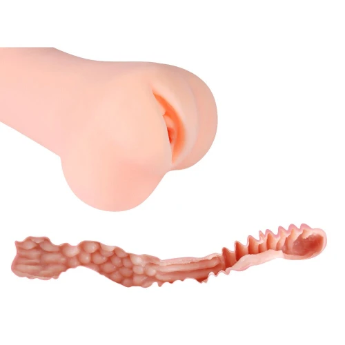 На фото зображено бежевий мастурбатор вагіна Kokos Monica - Корейський мастурбатор "Моніка" для чоловіків на білому тлі.