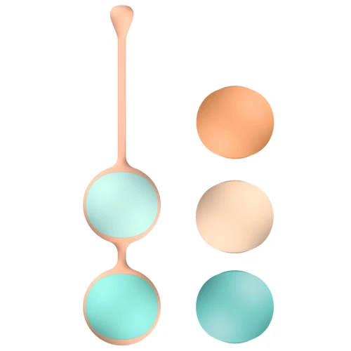 На фото зображено м'ятно-персикові вагінальні кульки Liebe Kewos - Peach/Mint для жінок на білому тлі.