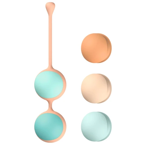 На фото зображено м'ятно-персикові вагінальні кульки Liebe Kewos - Peach/Mint для жінок на білому тлі.