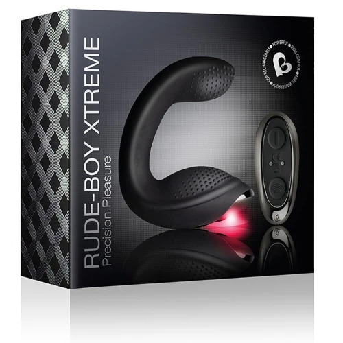 На фото зображено чорний масажер простати Rocks Off Rude Boy Xtreme для чоловіків на світлому фоні.