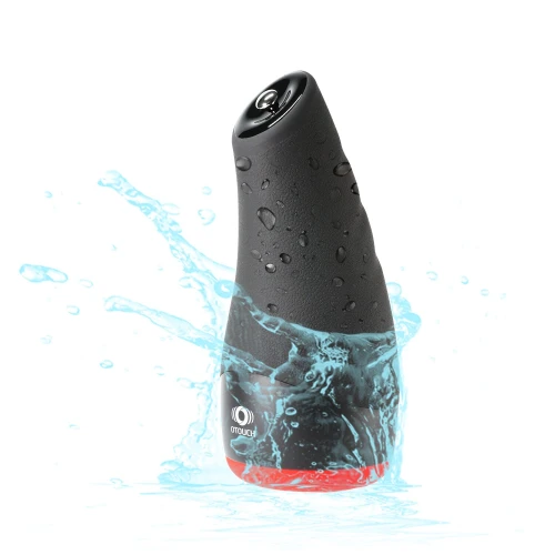 На фото зображено чорно-червоний мастурбатор із вібрацією та підігрівом Otouch CHIVEN 3 для чоловіків на білому тлі.