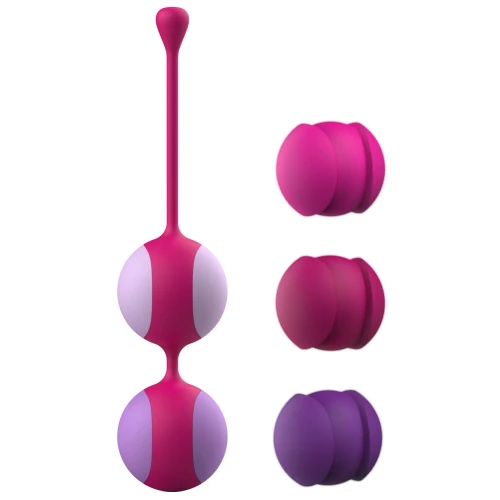 На фото зображено фіолетово-рожеві вагінальні кульки Liebe Kewos Cerise/Candy Violet для жінок на білому тлі.