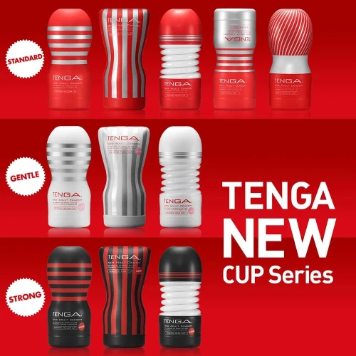 На фото зображено червоно-білий Tenga Rolling Head Cup - Мастурбатор із трьох мірною мастурбацією для чоловіків на червоному тлі.
