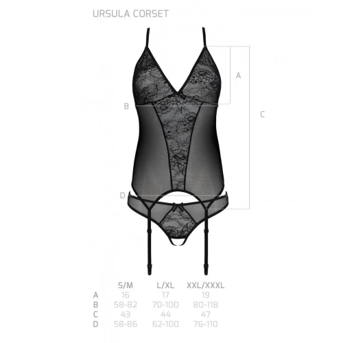 Passion Ursula Corset black L/XL - Корсет с пажами и трусиками