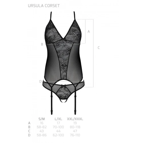 Passion Ursula Corset black L/XL - Корсет с пажами и трусиками