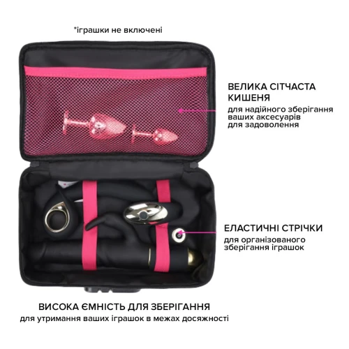 На фото зображено чорно-рожеву сумку для зберігання секс-іграшок Dorcel DISCREET BOX унісекс на білому тлі.