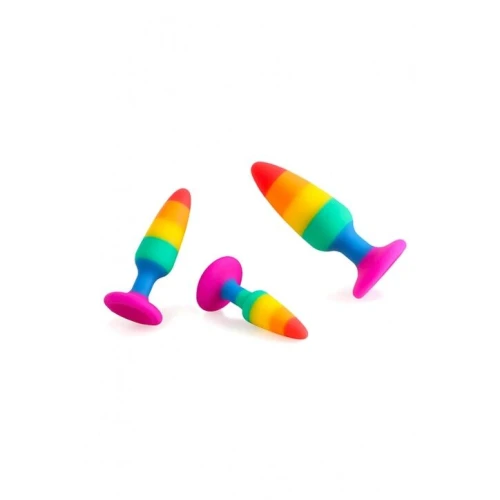 На фото изображена разноцветная анальная пробка Радуга Wooomy Hiperloo Silicone Rainbow Plug L унисекс на светлом фоне