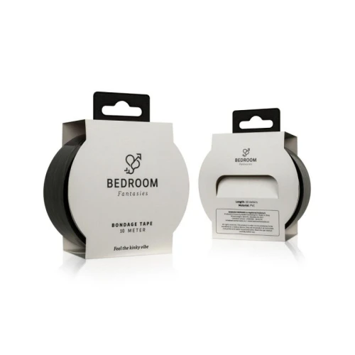 На фото изображен черный скотч для бандажа Bedroom Fantasies Bondage Tape 20m унисекс на светлом фоне