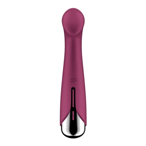 На фото изображен бордовый вибратор для точки G с вращением Satisfyer Spinning G-Spot 1 для женщин на светлом фоне.