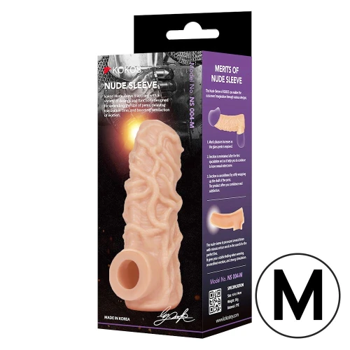 На фото изображена бежевая сквозная насадка на член Kokos Nude Sleeve NS 004 М для пар на белом фоне.
