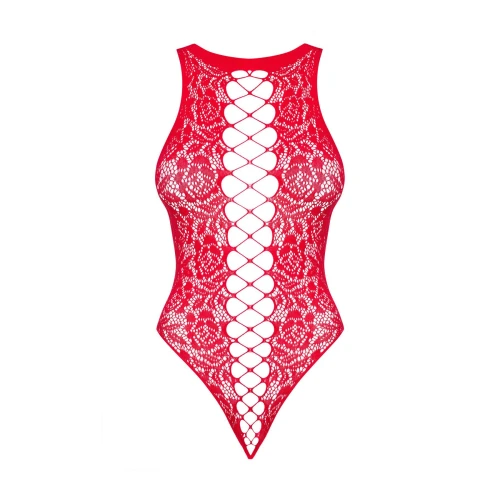 Ажурный бодистокинг с эффектом шнуровки Obsessive B120 teddy red S/M/L, красный (мятая упаковка!!!)