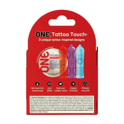 Презервативы ONE Tattoo Touch 3 шт, картонная коробка (мятая упаковка!!!)