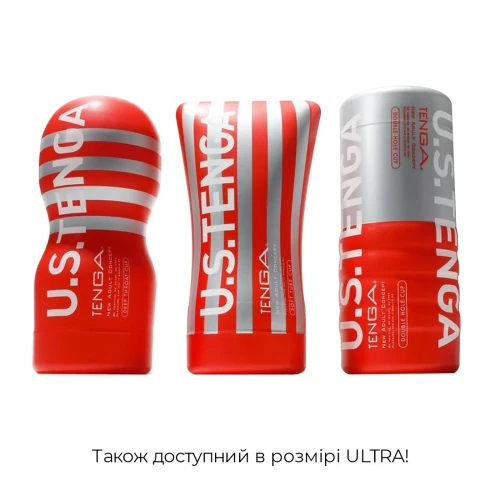 На фото зображено червоний двосторонній мастурбатор Tenga Dual Feel Cup для чоловіків на світлому фоні.