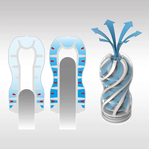 На фото зображено червоно-білий Tenga Air Cushion Cup - Мастурбатор зі спіральними вставками всередині для чоловіків на світлому фоні.