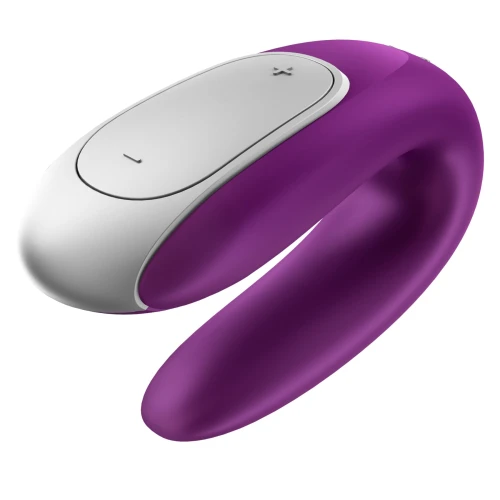 На фото зображено фіолетовий смарт-вібратор Satisfyer Double Fun Violet для пар на білому тлі