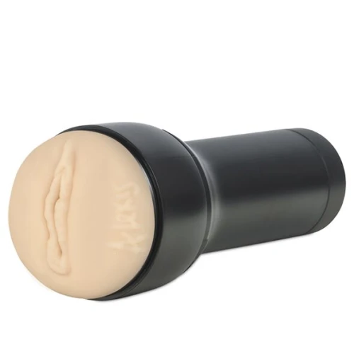 На фото изображен черно-бежевый мастурбатор-вагина Алексис Фокс Kiiroo Feel Alexis Fawx для мужчин на белом фоне