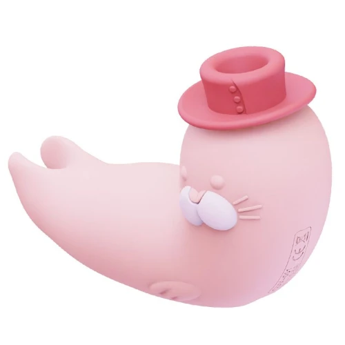 На фото зображено рожевий вакуумний вібратор "Морський котик" із червоним капелюшком CuteVibe Franky Pink для жінок на білому тлі.