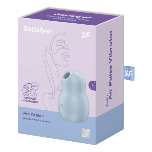 На фото изображен голубой вакуумный стимулятор с вибрацией Satisfyer Pro To Go 1 для женщин на белом фоне.