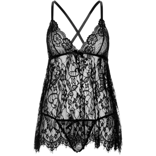 Leg Avenue Floral lace babydoll & string Black M - Сексуальний пеньюар