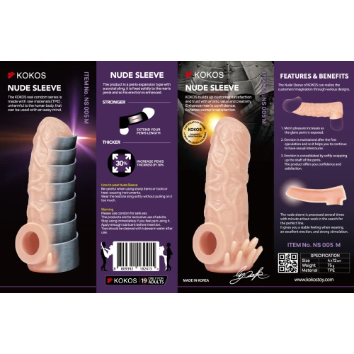 На фото зображено бежеву наскрізну насадку на член Kokos Nude Sleeve NS 005 М для пар на чорному тлі.