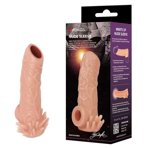 На фото зображено бежеву наскрізну насадку на член Kokos Nude Sleeve NS 005 L для пар на білому тлі.