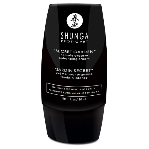 На фото зображено чорний стимулюючий гель для клітора Shunga Secret Garden (30 мл) для жінок на білому тлі.