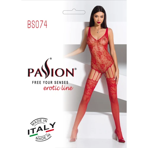 Ажурный бодистокинг с имитацией чулок Passion BS074 red