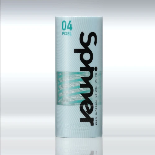 На фото зображено коробки Tenga Spinner Pixel - Мастурбаторотів з особливою спіральною конструкцією всередині для чоловіків на світлому фоні.