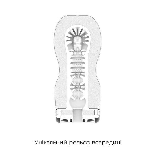 На фото зображено білий Tenga Deep Throat Cup GENTLE - мастурбатор із вакуумною стимуляцією на світлому тлі