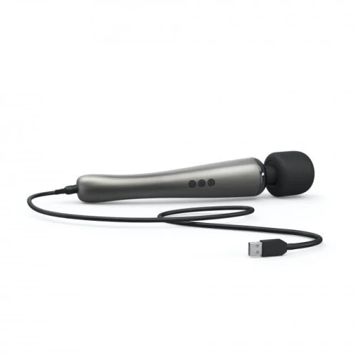 На фото зображено чорно-срібний вібратор мікрофон Dorcel MEGAWAND Chrome Silver для пар на білому тлі.