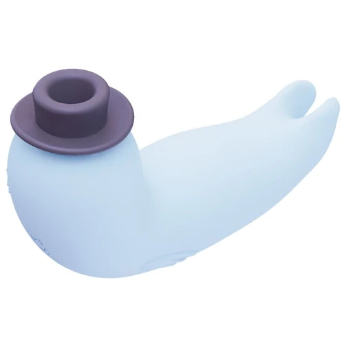 На фото зображено блакитний вакуумний вібратор "Морський котик" із чорним капелюшком CuteVibe Franky Blue для жінок на білому тлі.