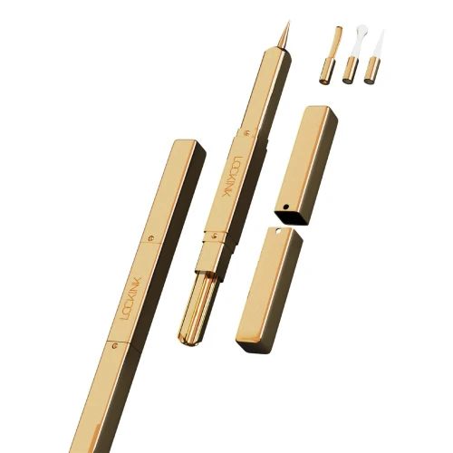 На фото изображен золотой эксклюзивный тиклер LOCKINK 5-head Flirting Tickler - Golden с пятью насадками унисекс на белом фоне