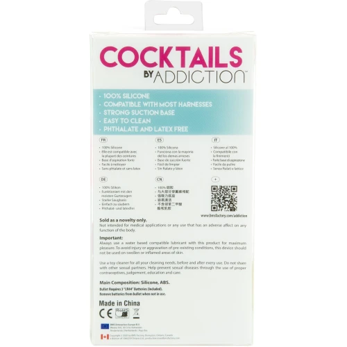 На фото изображена коробка зеленого полупрозрачного фаллоимитатора на присоске "Мохито" Cocktails by Addiction Mint Mojito унисекс на белом фоне.