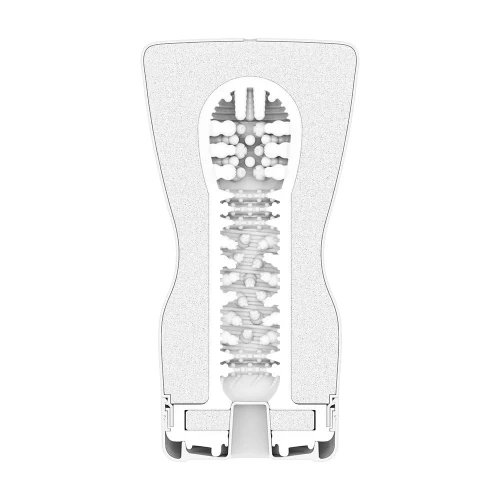 На фото зображено білий мастурбатор Tenga Squeeze Tube Cup для чоловіків на світлому фоні.