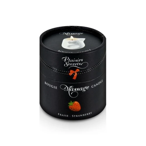 На фото изображена свеча для массажа в черной коробочке  Plaisirs Secrets  Strawberry (80 мл) для пар на белом фоне.