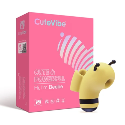 На фото изображен желтый вакуумный вибратор Пчелка с черными ушками CuteVibe Beebe Yellow для женщин на белом фоне.