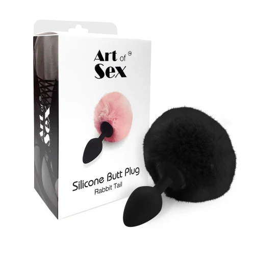 На фото изображена черная силиконовая анальная пробка (Размер М) Art of Sex - Silicone Butt plug Rabbit Tail унисекс на светлом фоне