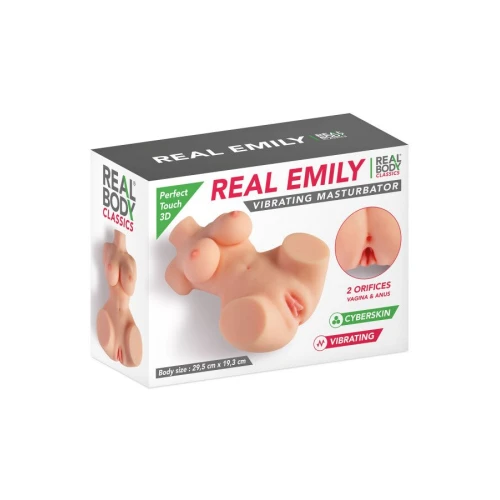На фото изображен бежевый мастурбатор попа, вагина и большая грудь Real Body Real Emily для мужчин на белом фоне