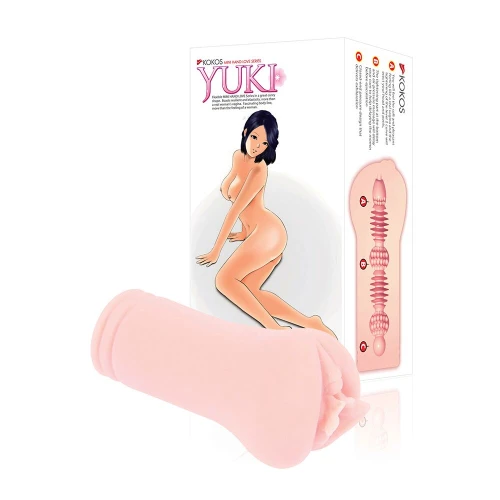 На фото зображено бежевий мастурбатор вагіна Kokos Yuki для чоловіків на білому тлі.
