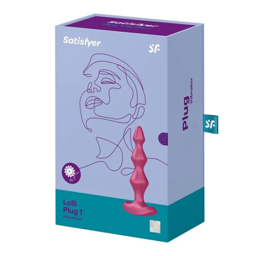 На фото изображен вишневый анальный стимулятор с двумя мощными моторами Satisfyer Lolli-Plug 1 (Berry) унисекс на белом фоне