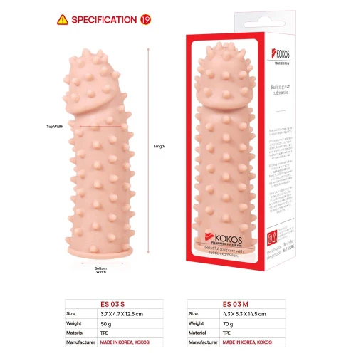 На фото зображено бежеву насадку на член пупирчасту Kokos Extreme Sleeve ES.03 розміру S для пар на білому тлі.
