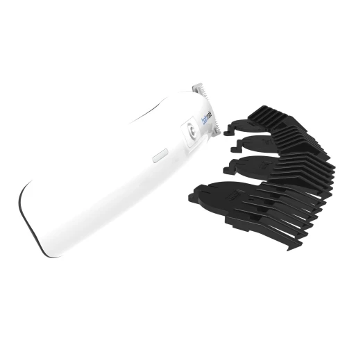 На фото изображен черно-белый триммер для интимных зон с черными насадками Bathmate Trimmer для мужчин на белом фоне.